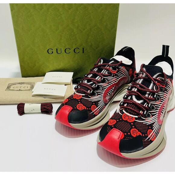 Gucci Run Knit Sneaker Size 9.5/ US 10 Black Red GG Interlocking NIB $920 - Picture 3 of 15